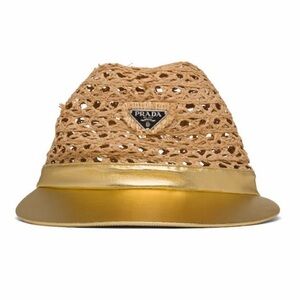 NWT Prada Raffia and Nappa Leather Visor Hat Triangular Logo Embellished